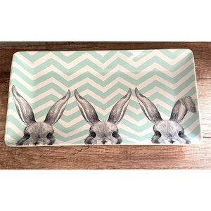 Pier 1 Easter Bunny Ears Chevron Stripe Porcelain Rectangle Platter 14.5"